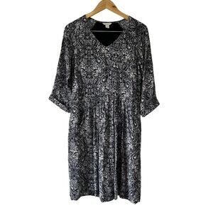 Garnet Hill Bohemian Pocket-Detail Dress Size 2 Navy Paisley Print‎ 3/4 Sleeve